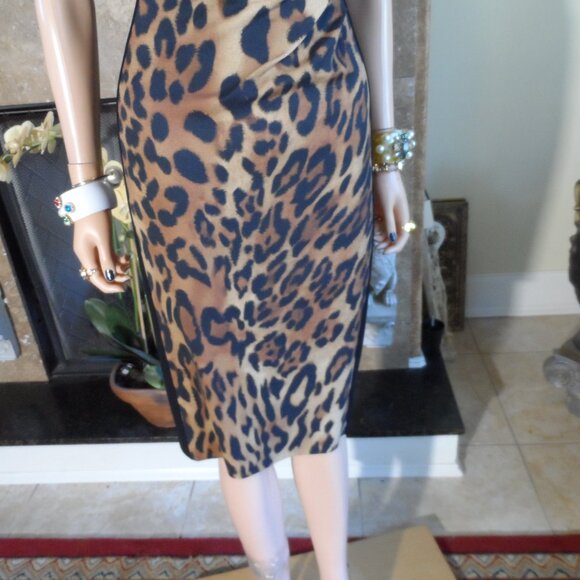 Escada Black & Brown Leopard Print Ruched Surplice Sheath Dress Size EU 38- US 8 - Picture 12 of 16